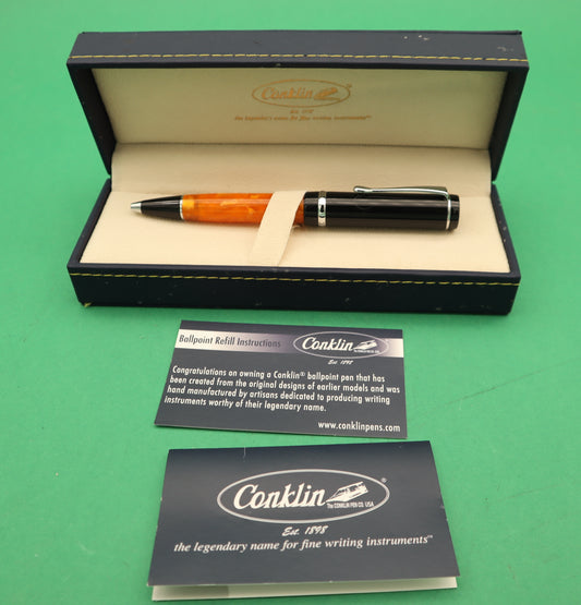 CONKLIN DURAGRAPH Ballpoint Pen Black orange NIGHT BARREL DESIGN resin Original Box DOCUMENTS Made in USA